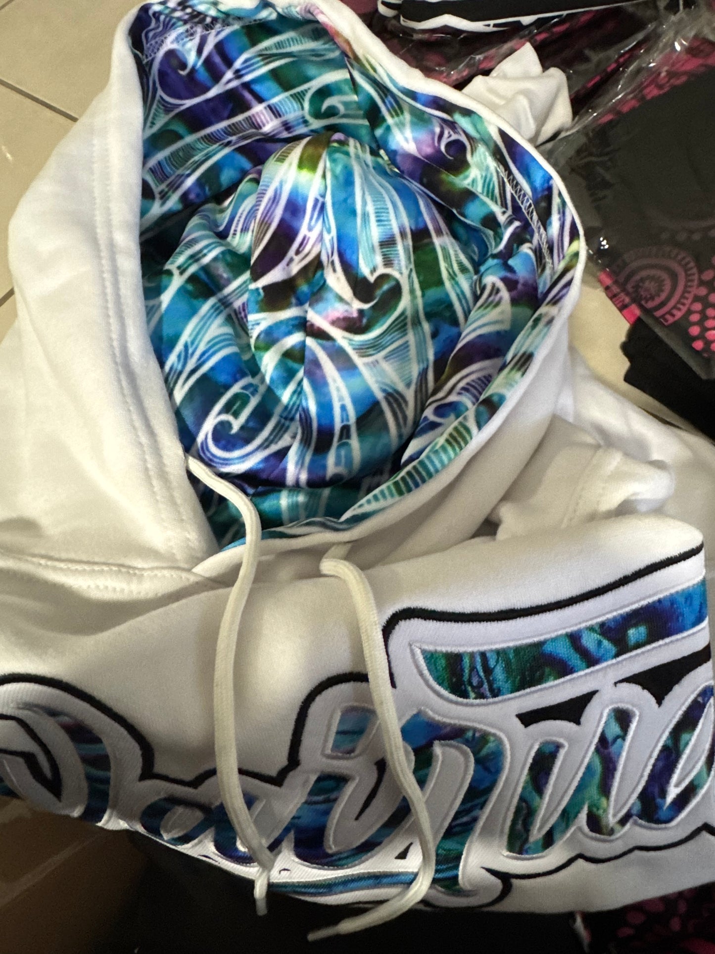 White With Paua Design Hoody